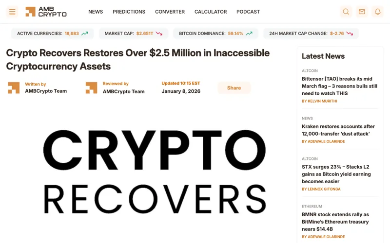 Schermafbeelding van de Crypto Recovers-vermelding in AMB Crypto