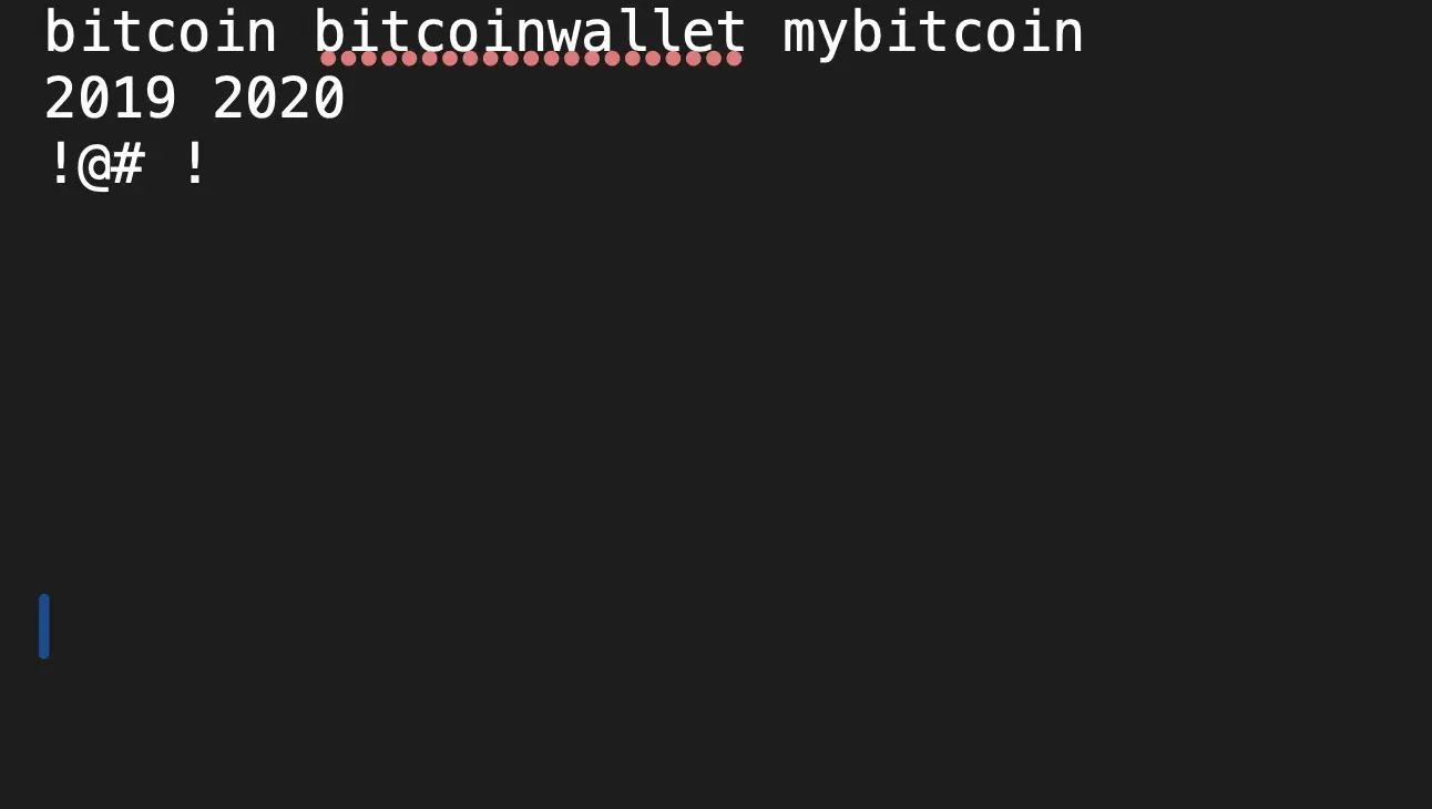 Voorbeeld van een BTCRecover-hintbestand met basiswoorden, jaartallen en symbolen.
