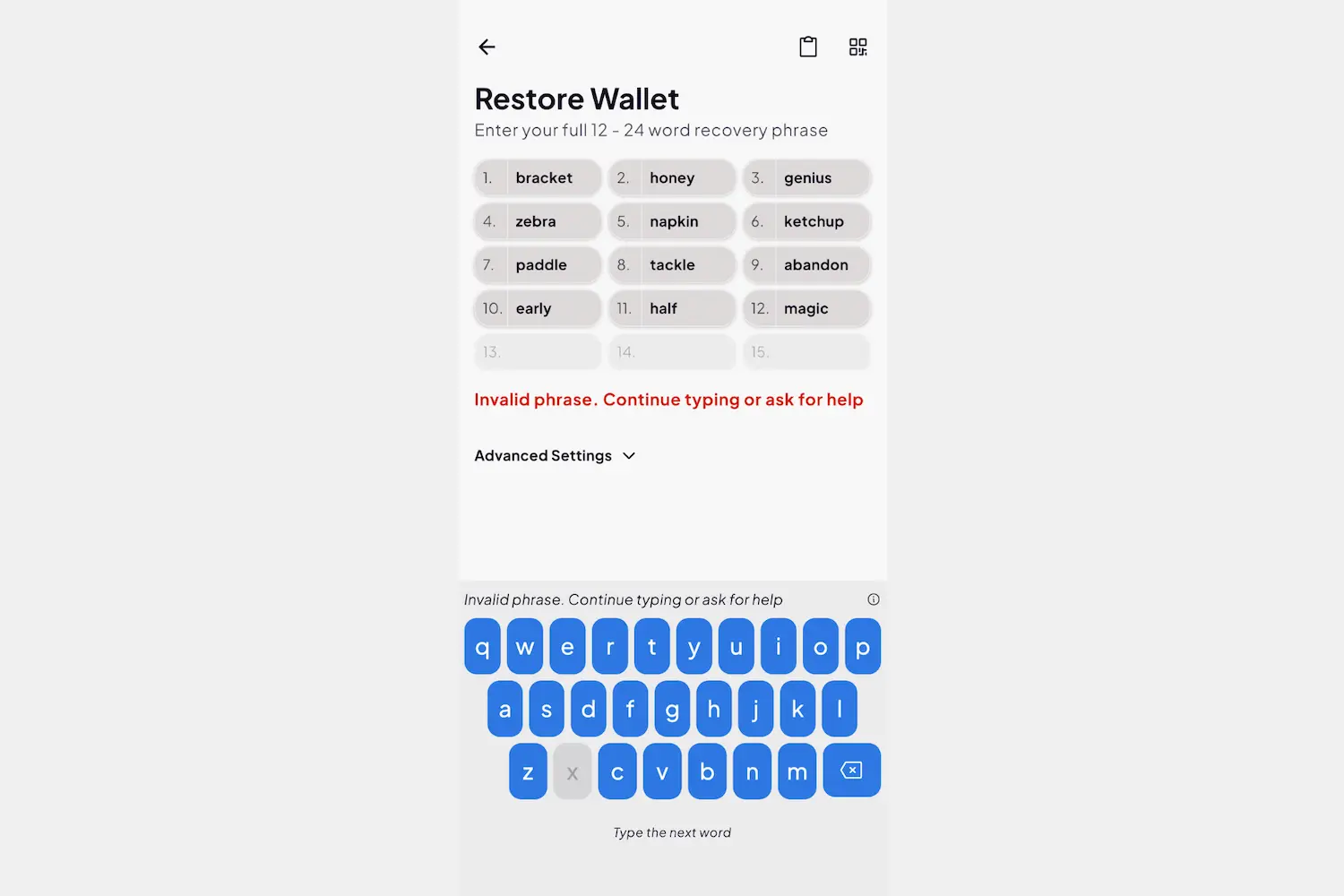 Coinomi-scherm dat een bewust ongeldig voorbeeld van een herstelzin van twaalf woorden afwijst