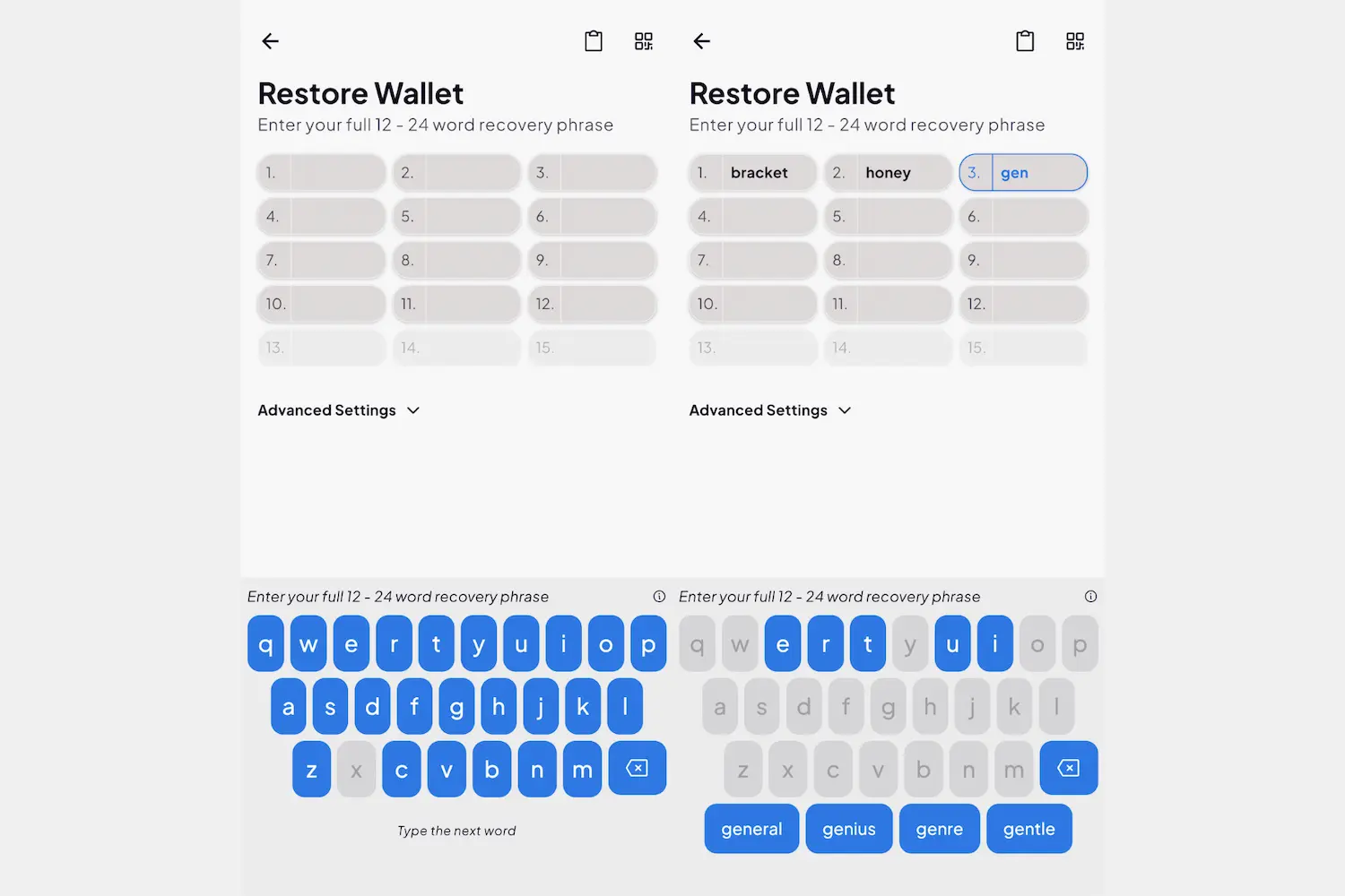 Coinomi-scherm voor wallet herstel met invoervelden en suggesties voor herstelwoorden