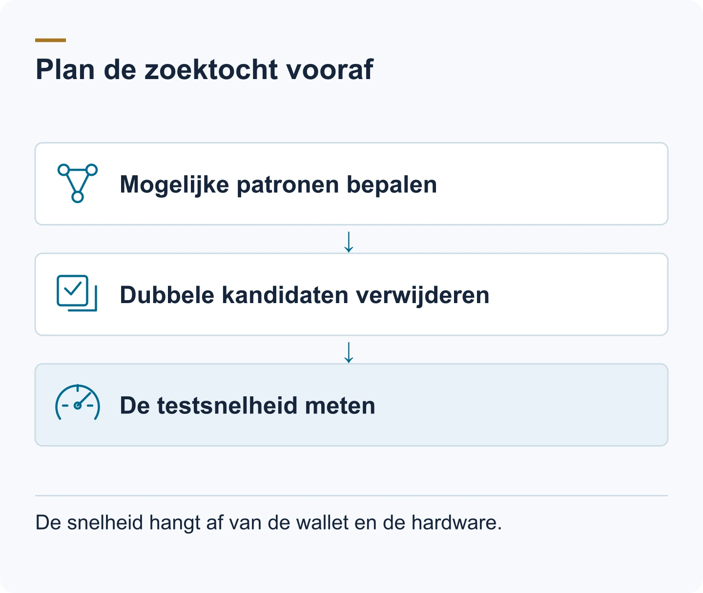 Schema: Mogelijke patronen bepalen. Dubbele kandidaten verwijderen. De testsnelheid meten. De snelheid hangt af van de wallet en de hardware.