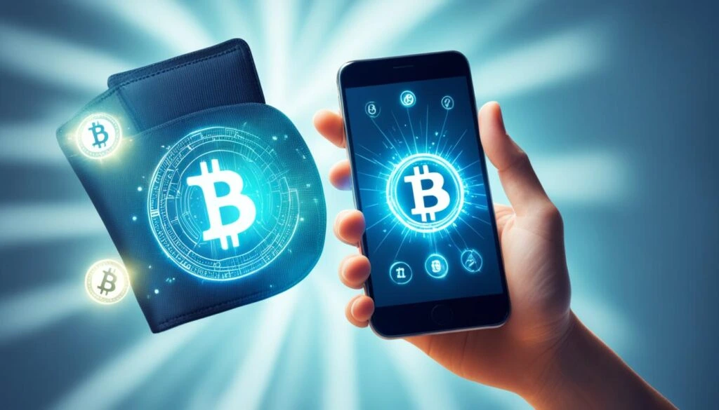 Illustratie van een telefoon en een portemonnee met Bitcoin-symbolen.