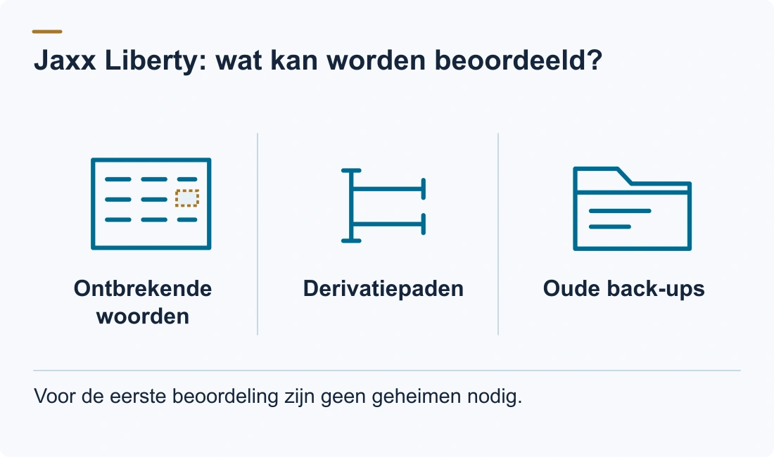 Jaxx Liberty: wat kan worden beoordeeld?: Ontbrekende woorden; Derivatiepaden; Oude back-ups. Voor de eerste beoordeling zijn geen geheimen nodig.