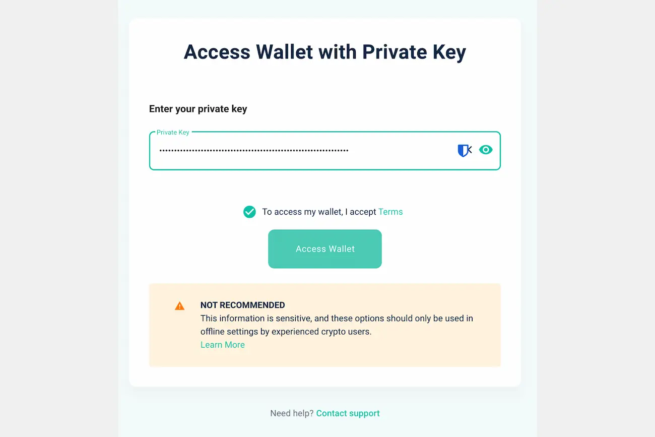 Het scherm Access Wallet with Private Key van MyEtherWallet met een afgeschermd invoerveld voor de privésleutel, een aangevinkt akkoord met de voorwaarden, de knop Access Wallet en de waarschuwing om deze methode alleen offline te gebruiken.