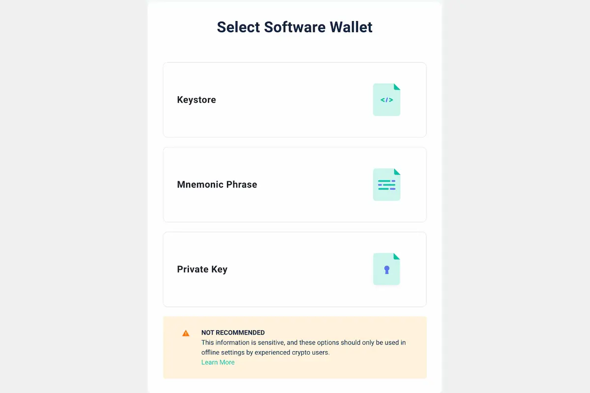 Het scherm Select Software Wallet van MyEtherWallet met de drie opties Keystore, Mnemonic Phrase en Private Key en de waarschuwing Not Recommended dat deze methoden alleen offline en met de nodige ervaring gebruikt horen te worden.